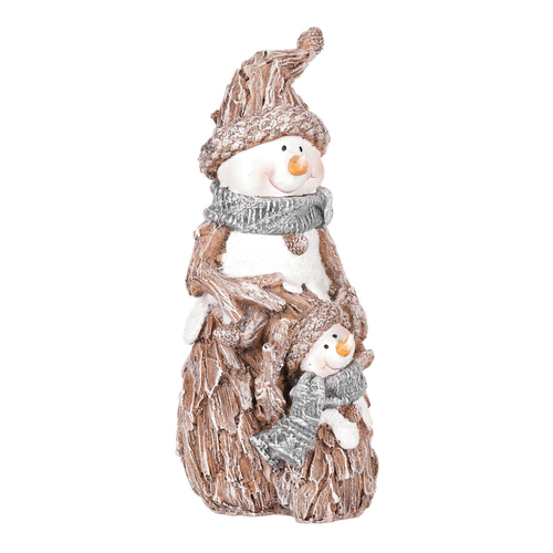 Sněhulák s malým - figurka z polyresinu, imitace dřeva