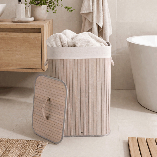 Koš prádelní - bambusový, s víkem, šedý