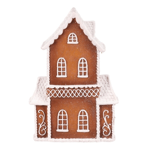 Domeček perníkový - polyresin, LED osvětl., hnědý s bílým zdobením