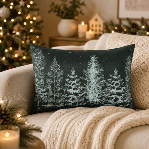 Polštář s výplní - zasněžené stromy, polyester a bavlna, 50 x 30 cm