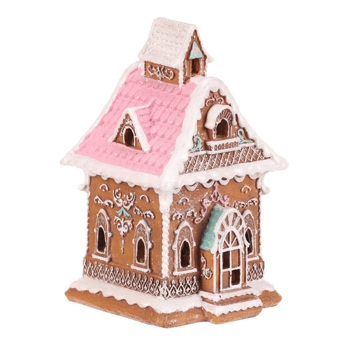 Domeček perníkový - polyresin, LED osvětl., hnědý s barevným zdobením