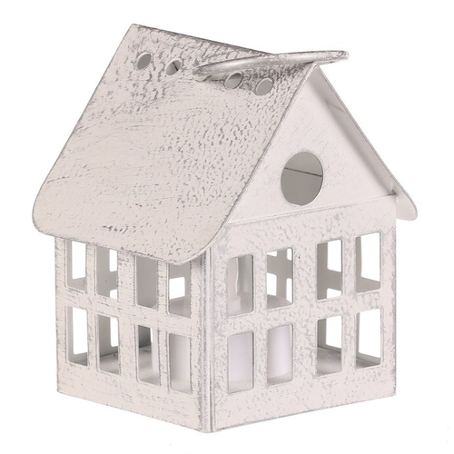 Lucerna mini - kovová, LED svíčka, tvar domku, bílá