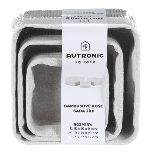 Koš regálový - bambus, šedý, cena za sadu 3 ks