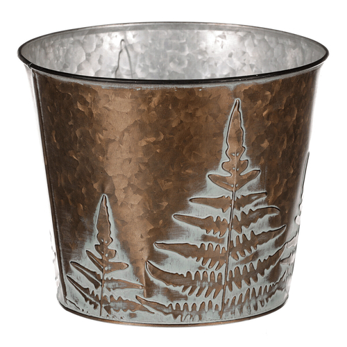 Obal z kovu na květiny, v  měděné barvě s kapradím.