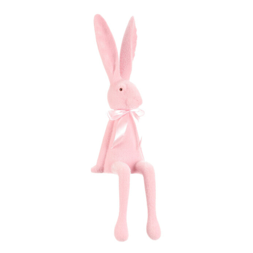 Zajíc s mašlí - sedící figurka, semiš, barva světle růžová