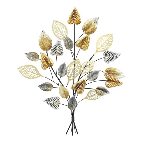 Strom kovový - nástěnná dekorace, mix listí, zlatý