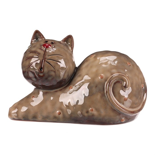 Kočka - keramická figurka, ležící, vel. XL, hnědá