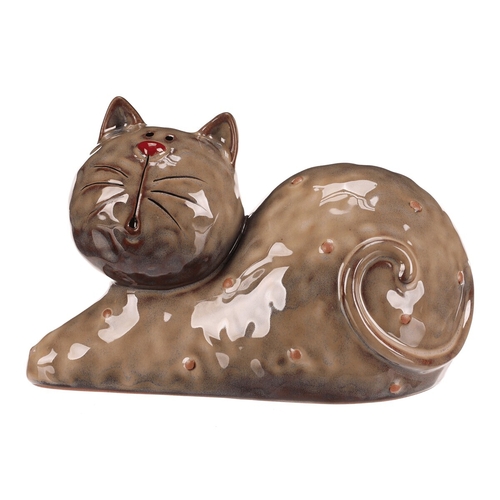 Kočka - keramická figurka, ležící, vel. XL, hnědá