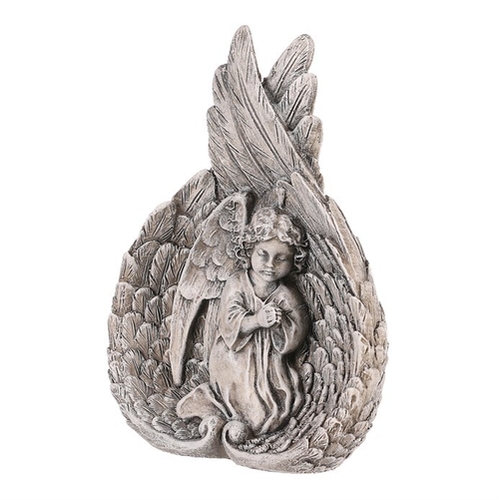 Křídla zkřížená s andělem - polyresin, šedá
