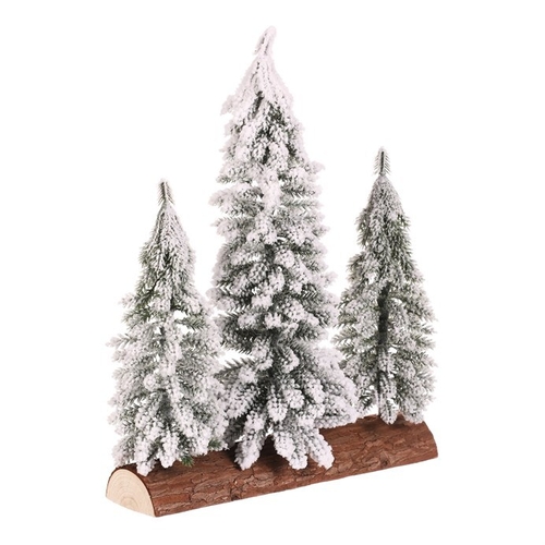 Smrk na špalku - trojice, mini, 34 cm, zelená, zasněžená