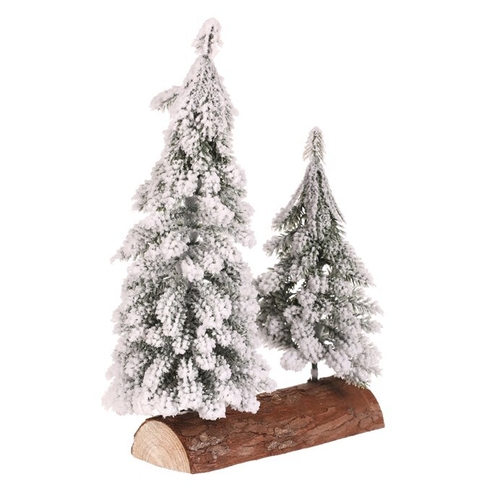 Smrk na špalku - dvojice, mini, 26 cm, zelená, zasněžená