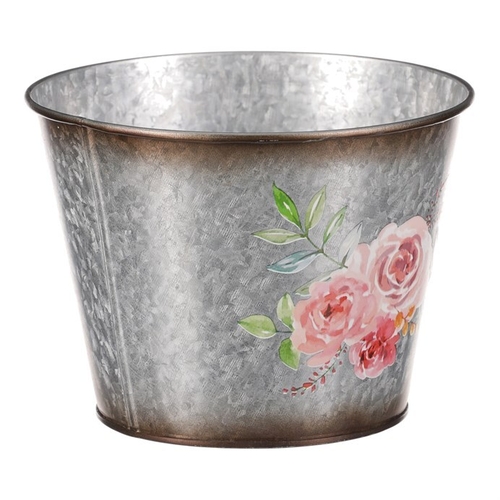 Kovový obal na květiny. Design s růžemi.