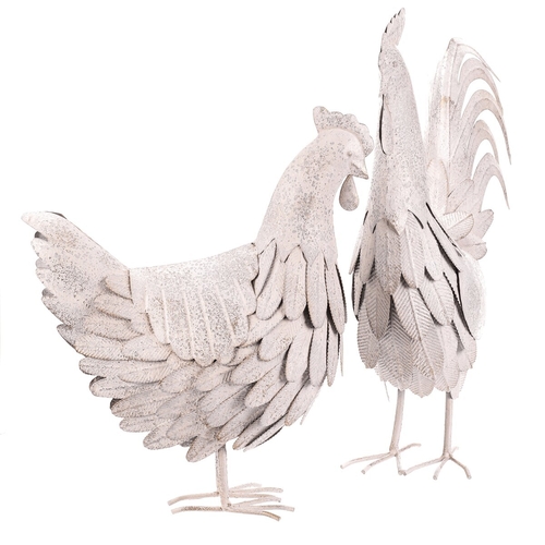 Slepice a kohout - kov s patinou, barva bílá, cena za 1 ks