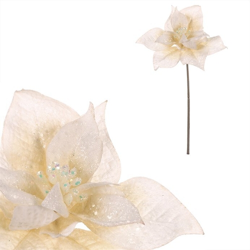 Vánoční růže - umělý květ na stonku, bílá se třpytkami