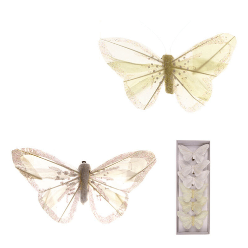 Motýl s klipem, 6ks v krabičce, bílý s glitry, cena za 1 krabičku