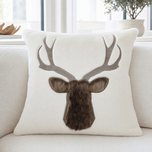 Polštář s výplní - bílý s jelení hlavou, 100% polyester, 45 x 45 cm
