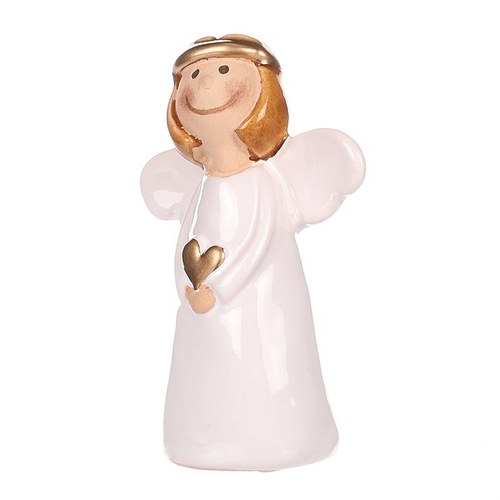 Anděl - keramická figurka, bílý držící zlaté srdce