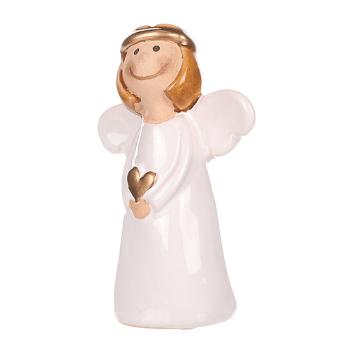 Anděl - keramická figurka, bílý držící zlaté srdce
