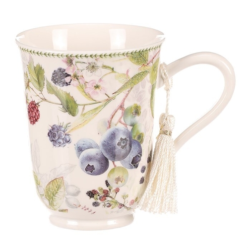 Hrneček v dárkové dóze - porcelán, bílý s lesními plody