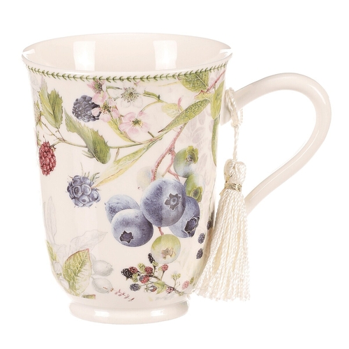Hrneček v dárkové dóze - porcelán, bílý s lesními plody