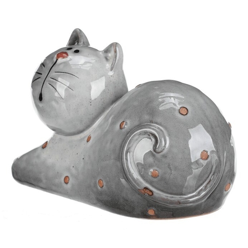 Kočka - keramická figurka, ležící, vel. L, šedá
