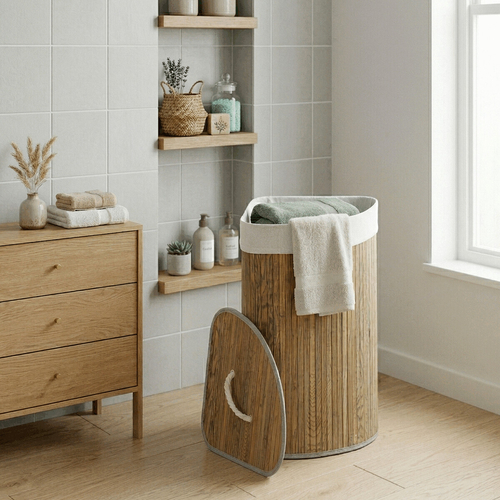 Koš prádelní - bambusový, rohový s víkem, tmavě šedý