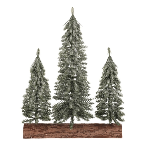 Smrk na špalku - trojice, mini, 34 cm, zelená, ojíněná