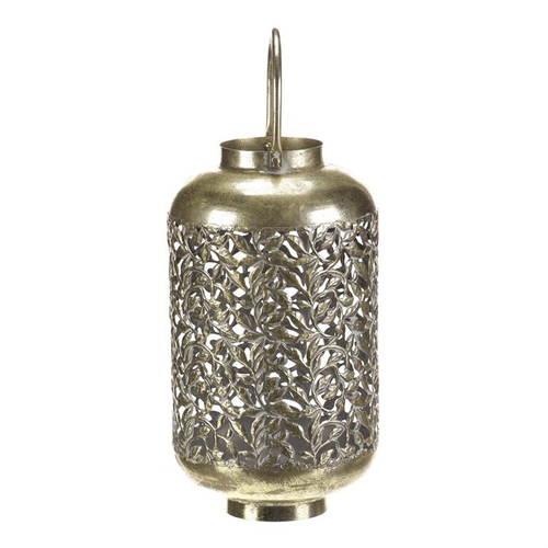 Svícen kovový - přenosná lucerna, rostlinný dekor, zlatý