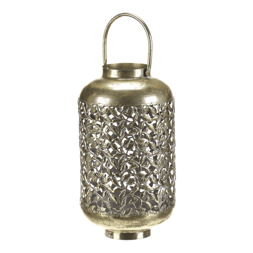 Svícen kovový - přenosná lucerna, rostlinný dekor, zlatý