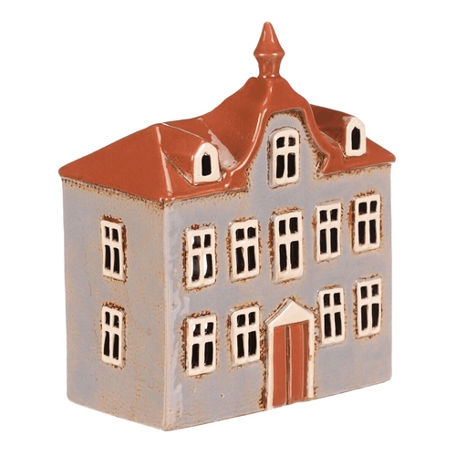 Domeček keramický - radnice, na čajovou svíčku, sv. modrý