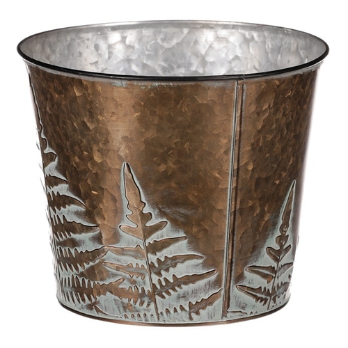 Obal z kovu na květiny, v  měděné barvě s kapradím.