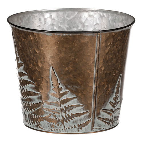 Obal z kovu na květiny, v  měděné barvě s kapradím.