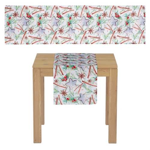 Běhoun s vánočním motivem - bílý podklad, 100% polyester, 40 x 150 cm.