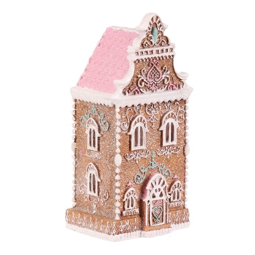 Domeček perníkový - polyresin, LED osvětl., hnědý s barevným zdobením