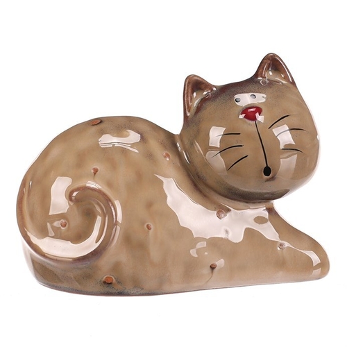 Kočka - keramická figurka, ležící, vel. S, hnědá