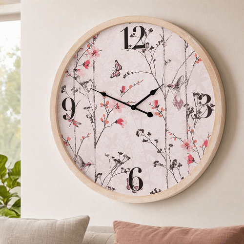 Hodiny nástěnné - pr. 58 cm, MDF, rozkvetlá louka
