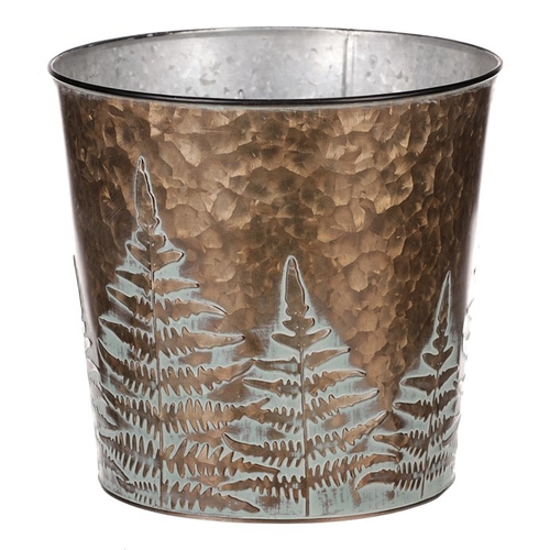 Obal z kovu na květiny, v  měděné barvě s kapradím.