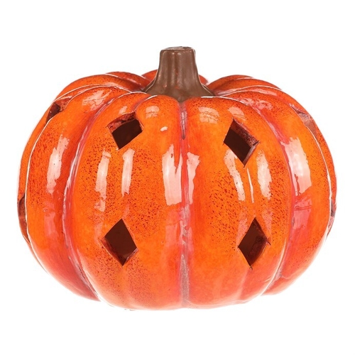 Dýně s otvory - keramika, LED osvětlení, oranžová