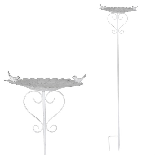 Krmítko/pítko - kovový zápich, květ s ptáčky, bílé