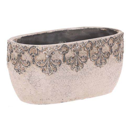 Truhlík oválný - beton, ozdobné ornamenty, šedý