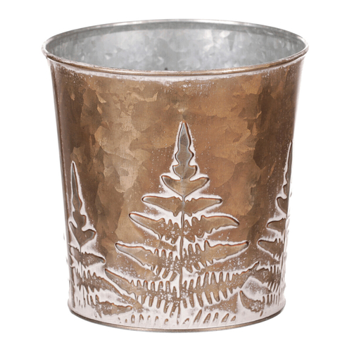 Obal z kovu na květiny, v  měděné barvě s kapradím.