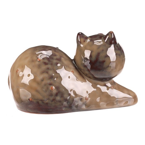 Kočka - keramická figurka, ležící, vel. L, hnědá