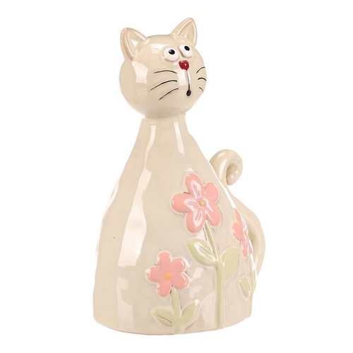 Kočka - keramická figurka, dekor květin, vel. L, žluto-zelená