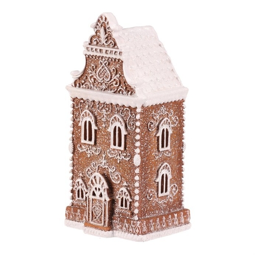 Domeček perníkový - polyresin, LED osvětl., hnědý s bílým zdobením