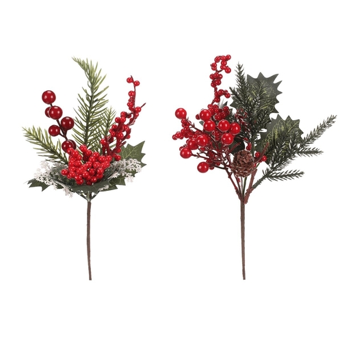 Větev umělá - jehličí, listí a červené bobule, mix 2, cena za 1 ks
