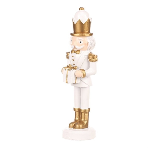 Voják s dárkem - figurka na postavení, polyresin, barva bílo-zlatá