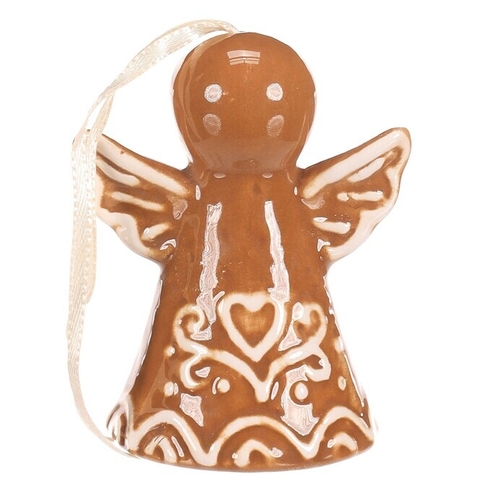 Zvonek perníkový - keramika, tvar anděl, závěsný, hnědý