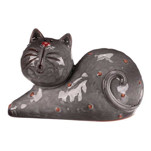 Kočka - keramická figurka, ležící, vel. XL, šedá