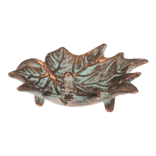 Krmítko/pítko kovové - javorový list s ptáčkem, měděné