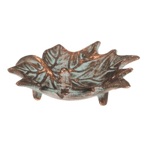 Krmítko/pítko kovové - javorový list s ptáčkem, měděné